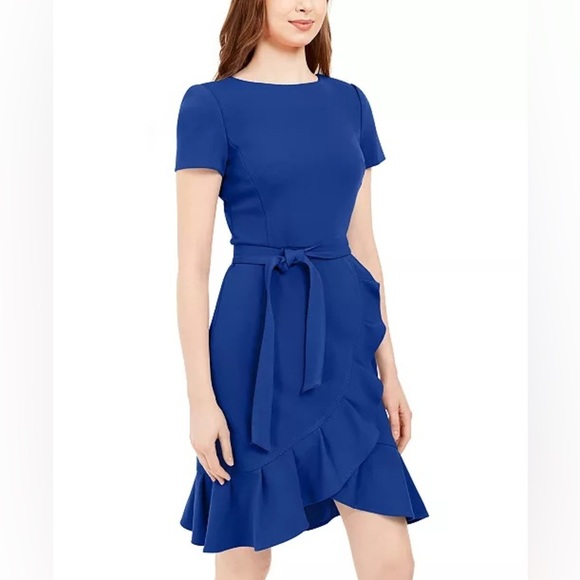 Calvin Klein Royal Blue Mini Dress Ruffle Belted Sheath Soze 6 6P Party Work NWT - Picture 1 of 13